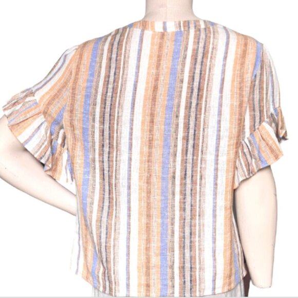 DREW "Beverly" Linen-Rayon Blend Striped Button-Up Ruffle Sleeve Top Sz M #231E - Picture 7 of 10